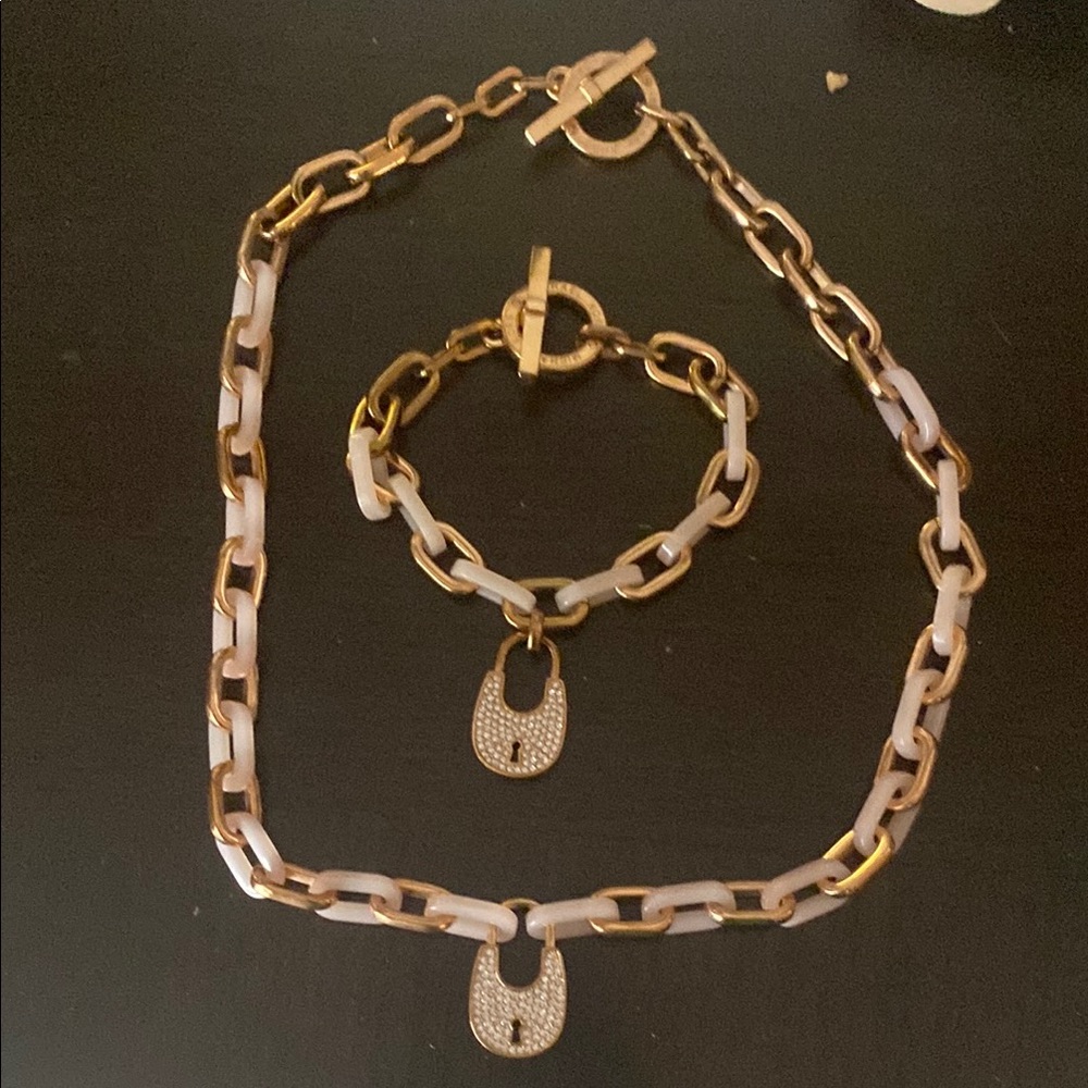 Michael Kors Gold and Pink Chain Necklace and Bracelet Set